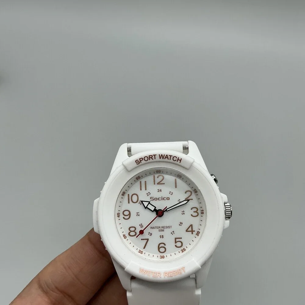 Socico Mens Watch 42mm White Dial Red Numbers White Sport 50M Luminous